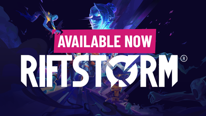 Promotional artwork with the text 'AVAILABLE NOW RIFTSTORM' featuring a blue-skinned female character in a dark, mystical setting.