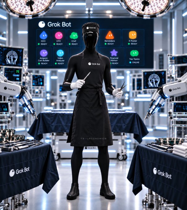 A humanoid robot figure in a black apron and gloves holding surgical tools, standing in a futuristic medical setting labeled 'Grok Bot' with various 'READY' status indicators including 'CEO', 'CFO', and 'Chief' on a screen behind it.