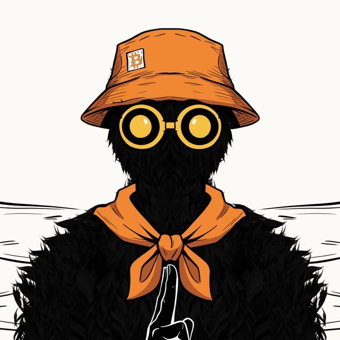 A stylized illustration of a dark, shadowy figure wearing an orange bucket hat with a Bitcoin "B" logo, round yellow goggles, and an orange neckerchief.