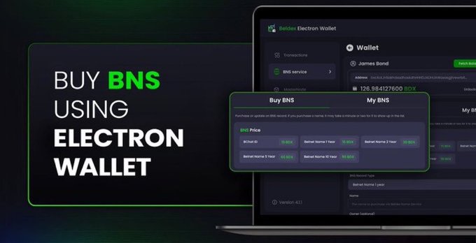 A promotional graphic with the text 'BUY BNS USING ELECTRON WALLET' displayed alongside a laptop showing a Bitdeer Electron Wallet interface for purchasing BNS services.