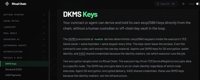 A documentation page for Ritual Chain explains the 'DKMS Keys' feature, detailing how contracts or agents can derive and hold their own secp256k1 keys directly from the chain without a human custodian.