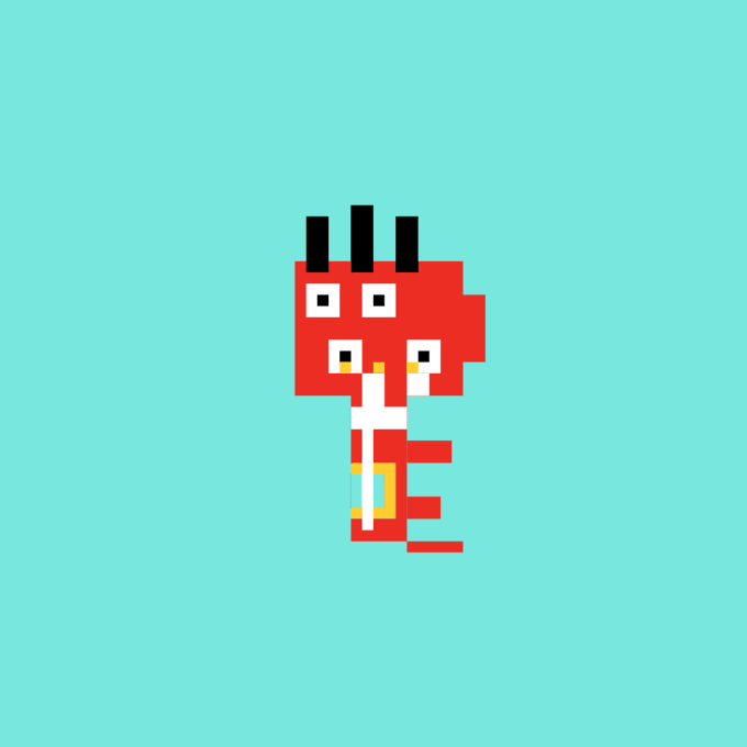 A pixel art character with a red seahorse-like body, four eyes, and a crown, set against a teal background—appearing to represent the "CHOMPZ Mutant" NFT being teased as a free surprise feature tied to a new game mechanic.