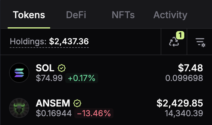 A crypto portfolio screenshot showing total holdings of $2,437.36, dominated by 14,340.39 $ANSEM tokens valued at $2,429.85 (currently down 13.46% to $0.16944) alongside a small SOL position. The image illustrates the user's claim of receiving a ~$2,000 $ANSEM airdrop from the BullpenFi campaign, with the displayed value aligning with that estimated amount.
