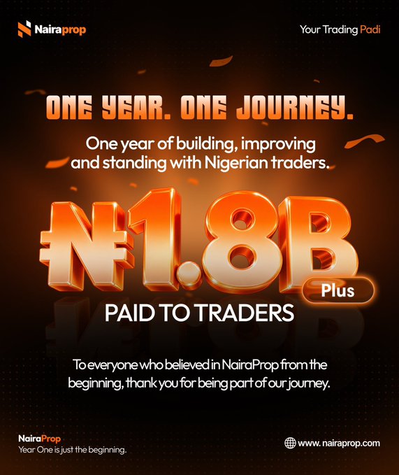 A NairaProp promotional graphic reading 'ONE YEAR. ONE JOURNEY. One year of building, improving and standing with Nigerian traders. ₦1.8B Plus PAID TO TRADERS' with 'Your Trading Padi' in the corner.