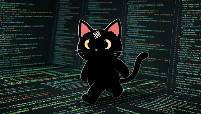 The image features a cartoon cat walking across a computer screen filled with code, surrounded by various lines of text. The cat appears to be exploring or interacting with this digital environment. The caption above the image reads "猫猫的项目代表了一个美好的愿景 它正在创造Ai与区块链新的交汇前沿，构建一个透明的", which suggests that the image is related to a discussion or project involving the cat and computer programming.