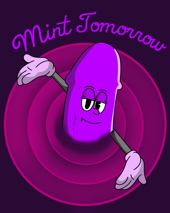 A cartoon illustration of a purple popsicle with white gloved hands, featuring the cursive text 'Mint Tomorrow' at the top against a dark purple background with pink swirls.