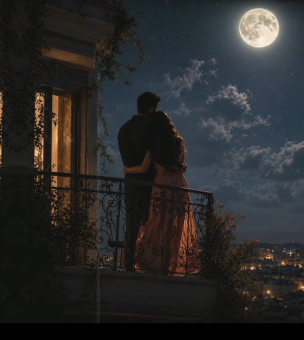 A romantic scene of a couple embracing on a wrought-iron balcony under a large full moon at night, with a cityscape visible below.