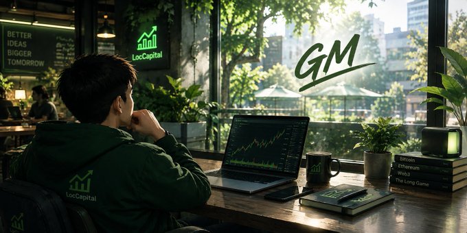 AI-generated image of a person wearing a 'LocCapital' hoodie working on a laptop displaying charts in a green-themed cafe, with books labeled Bitcoin, Ethereum, Web3, and 'The Long Game' on the desk and 'GM' written on the window.