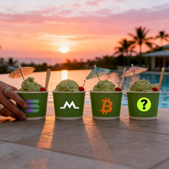 Four green cups of matcha ice cream with cocktail umbrellas sit by a poolside at sunset, each branded with a different crypto logo including Solana, Monero, Bitcoin, and a question mark.