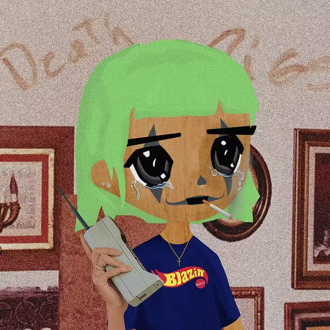 Anime-style illustration of a green-haired character crying while holding a brick phone and smoking a cigarette, wearing a navy shirt that says 'Blazin'.