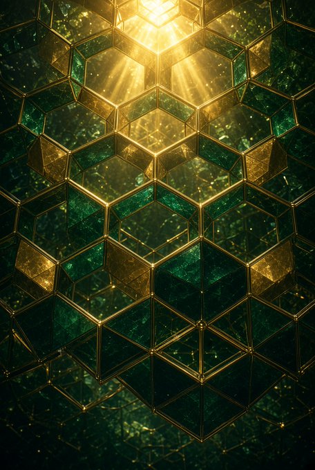 A radiant beam of golden light pours through a luminous geometric lattice of emerald glass and brass framework, evoking a sense of structured elegance and technological precision. This visual mirrors @CNPYNetwork's message of bringing clarity, structure, and ownership to the fast-moving but directionless world of AI-built software.