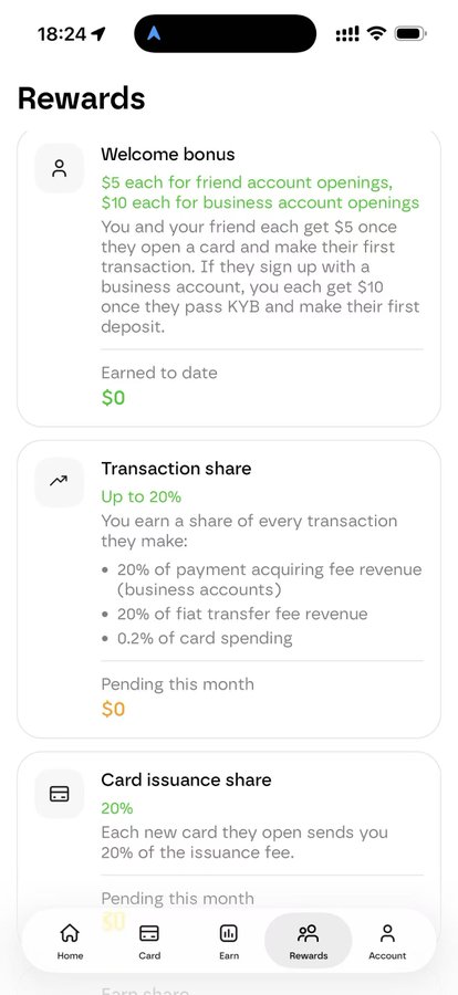 A mobile app screenshot showing a Rewards section with options for Welcome bonus, Transaction share (up to 20%), and Card issuance share (20%), along with a bottom navigation bar.