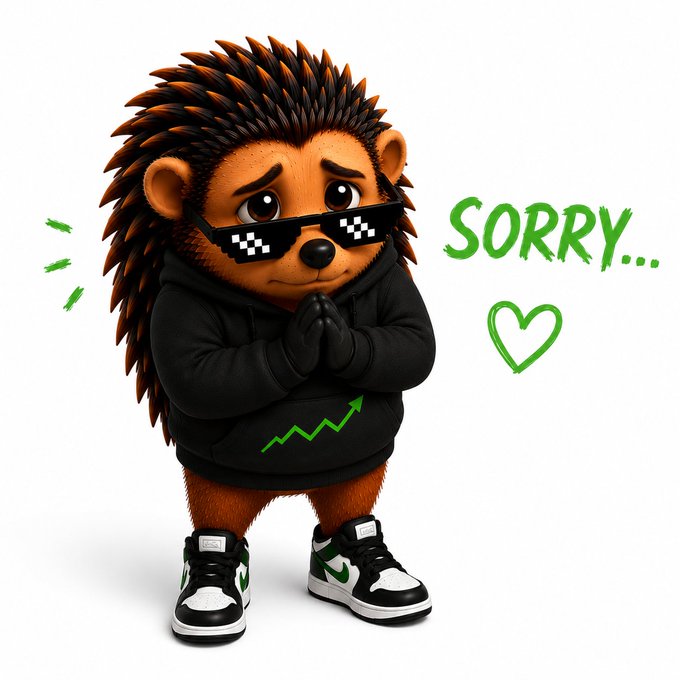 3D-rendered cartoon hedgehog character wearing pixelated sunglasses, a black hoodie with a green upward arrow logo, and black/green sneakers, with 'SORRY...' text and a heart drawn in green.