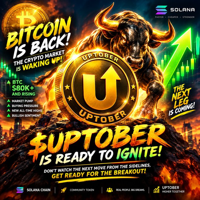 A promotional crypto graphic featuring a golden bull and coin, advertising "BITCOIN IS BACK!" with BTC at "$80K+ AND RISING," promoting "UPTOBER" on the Solana chain.