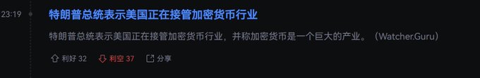 A Chinese-language news headline from Watcher.Guru states that former President Trump said the U.S. is taking over the cryptocurrency industry, calling crypto a "huge industry," with 32 likes and 37 dislikes. The skeptical post "What a joke" appears to mock the notion of the U.S. government somehow "taking over" the decentralized crypto industry as an absurd claim.