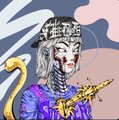A small dark-toned illustration of an anime-style character with white hair, a spiked crown, exposed spine/bones, purple clothing, and golden spiky arm details.