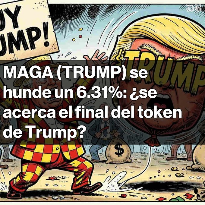 An illustration of a cartoon character wearing a plaid suit with an angry expression, depicting a man hitting another man who appears to be in distress as if his head has been taken out by the angry figure's fist. In the background, there is a sign that says "TRUMP" and "se des diploma un 6.31% El token meme de Donald Trump cotiza A USD $1.92 A pesar del repunte semanal del +17.42% acumula un -97.4% desde su ATH de $74.47 Alta especulación, el volumen supera el 50% Comentarios negativos de Trump sobre las membros desatan ventas".