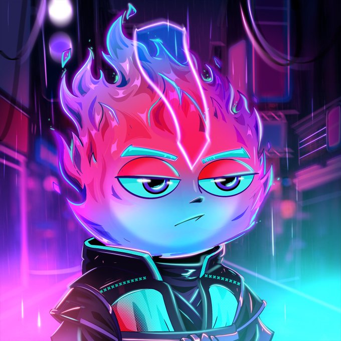A stylized, glowing digital illustration of a blue-skinned character with flame-like pink and blue hair, wearing a dark futuristic jacket.