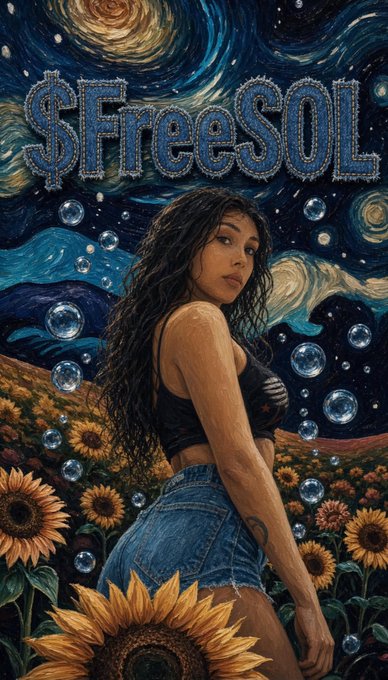 An artistic poster with a Van Gogh 'Starry Night' inspired background showing a woman with long dark hair standing in a sunflower field surrounded by floating bubbles, with '$FreeSOL' in stylized denim text.