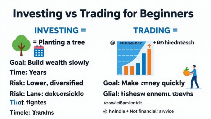 This graphic illustrates the difference between investing and trading for beginners, comparing investing to planting a tree for long-term growth and trading to picking fruit daily for quick gains. The image also includes some unreadable Chinese text and the disclaimer "@ haindle + Not financial: arvvice."