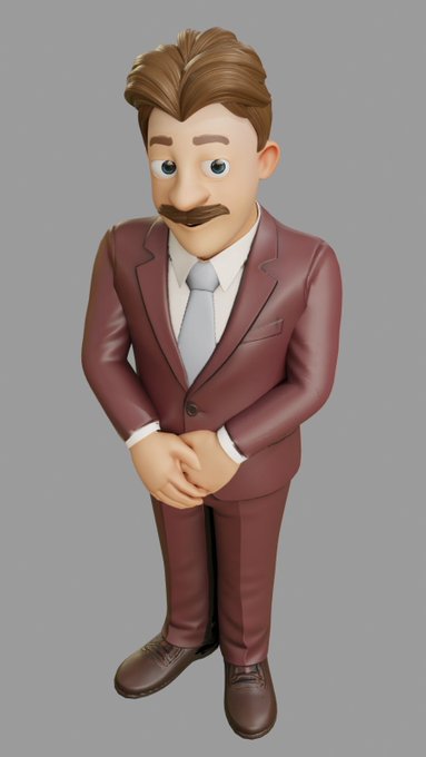 A 3D rendered cartoon character of a man with brown hair and a mustache wearing a maroon suit with a white shirt and tie.