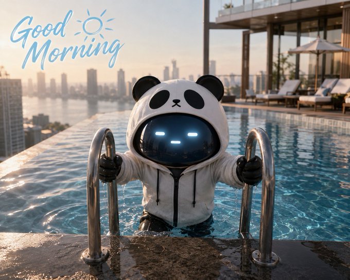An AI-generated image of a panda-headed astronaut emerging from a rooftop infinity pool, gripping the ladder rails with a city skyline in the background, with 'Good Morning' text overlaid.