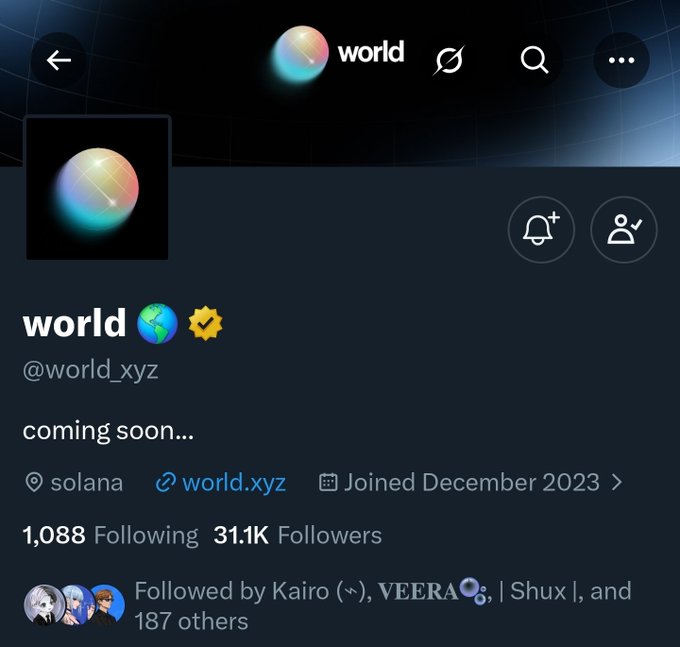 A screenshot of the Twitter/X profile for "world" (@world_xyz) with a verified checkmark, showing 31.1K followers, 1,088 following, and the location "solana" with the bio "coming soon..."—supporting the post's curiosity about the mysterious crypto project that has been mass-following users and catching the attention of Solana founder Toly.