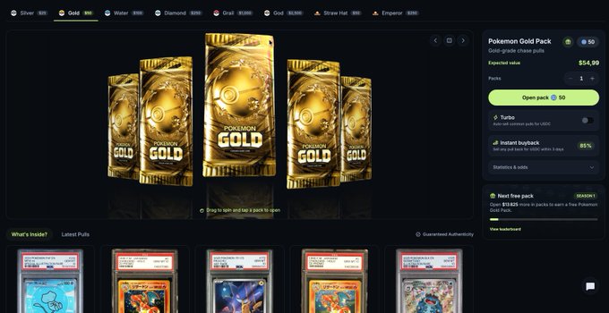 The image shows the Jupiter Gacha interface displaying "Pokemon Gold Pack" Gold-grade chase pulls priced at $54.99 each, with options to open packs, toggle Turbo mode for faster currency pack opening, and an instant buyback feature at 85%. The bottom section showcases "Latest Pulls" of various PSA-graded Pokemon cards, visually supporting the post's announcement that over $10M worth of packs have been opened by 60K+ unique users in the first week.