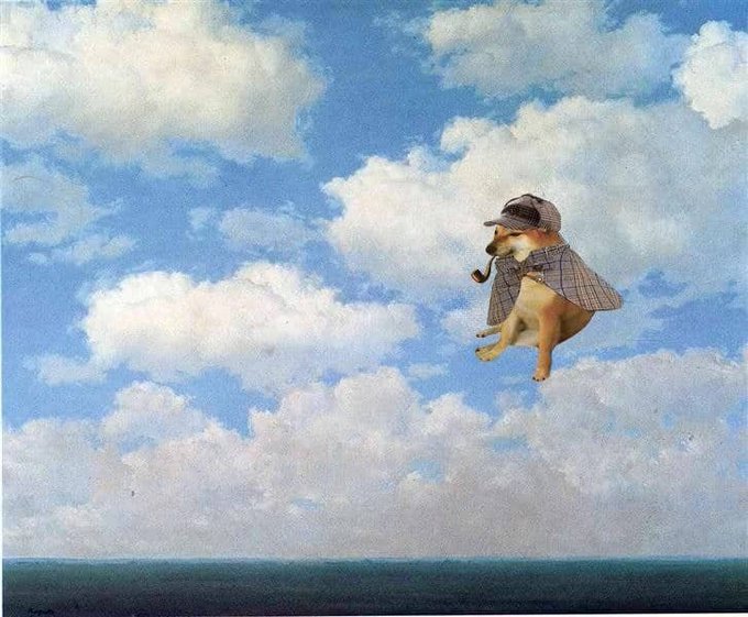 A whimsical painting of a small dog dressed in a detective's trench coat and deerstalker hat, smoking a pipe while floating through a cloudy blue sky above a distant ocean horizon.