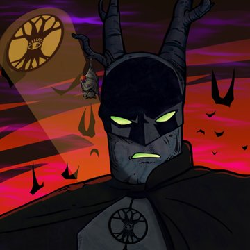 An animated Batman character with glowing green eyes and a horned cowl stands against a dark, eerie red and purple background with a Bat-signal and silhouettes.