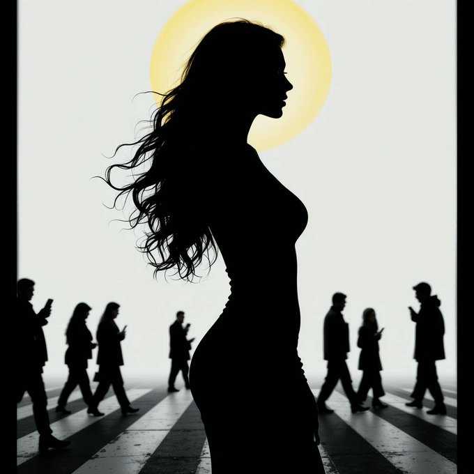 Stark silhouette art showing a woman's profile in the foreground against a yellow sun, with silhouettes of people walking on a crosswalk in the background.