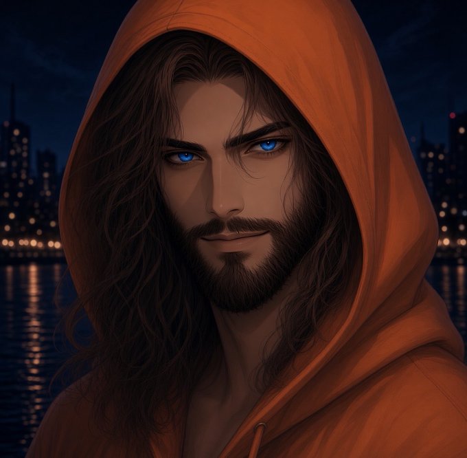 A detailed digital illustration of a bearded man with long dark hair and striking blue eyes, wearing an orange hooded sweatshirt against a nighttime cityscape backdrop.