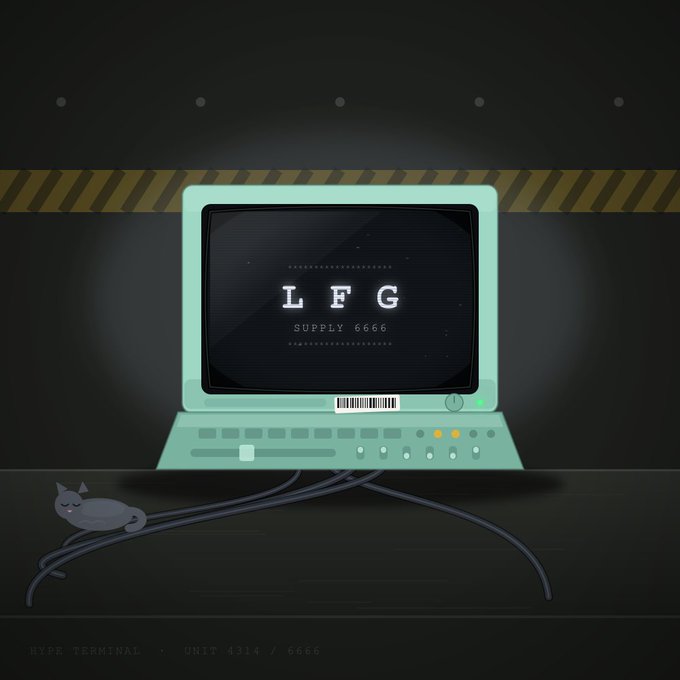 A mint-green retro terminal displays "LFG SUPPLY 6666" on its vintage screen, sitting on a dark surface with a sleepy gray cat resting on tangled cables beneath it. The image ties to the public mint announcement, with bottom text reading "HYPE TERMINAL • UNIT 4314 / 6666" referencing the ongoing 6,666-unit NFT drop at hypeterminals.xyz.