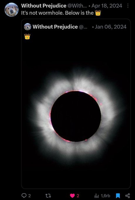 The image shows a black circle with a bright white center, which appears to be an eclipse of some sort. The caption below the image reads "Without prejudice @With #pride2 @april 18 2014 #timelapse". This caption is meant to be humorous and ironic, as it suggests that the event depicted in the image is not worth the effort or attention given to it. It implies that the eclipse is not a significant or noteworthy occurrence, and people should focus on more important matters instead.