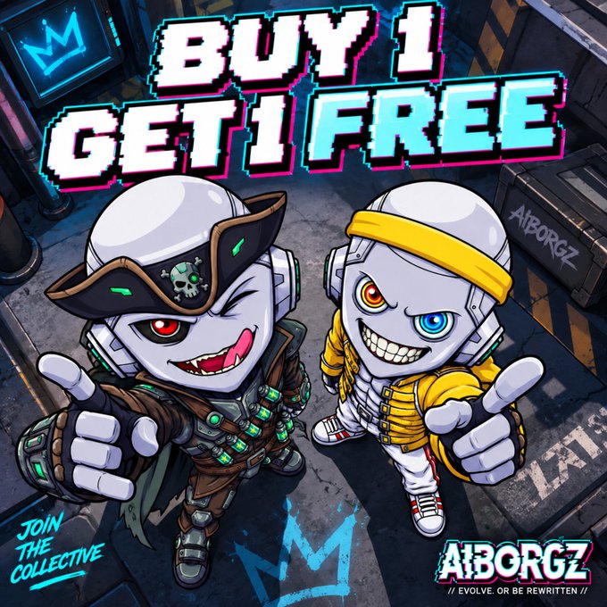 A promotional graphic for 'AIBORGZ' NFT collection featuring two cartoon robot characters in a 'Buy 1 Get 1 Free' offer, with the tagline 'Evolve. Or be rewritten.'