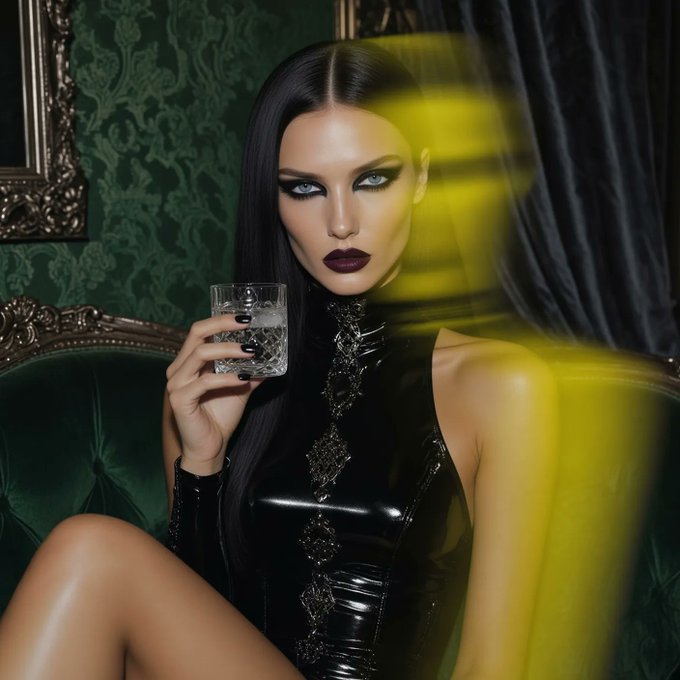 A glamorous woman with striking dark makeup and long black hair sits holding a crystal glass, wearing a black latex outfit with ornate detailing in a dark, vintage-style room.