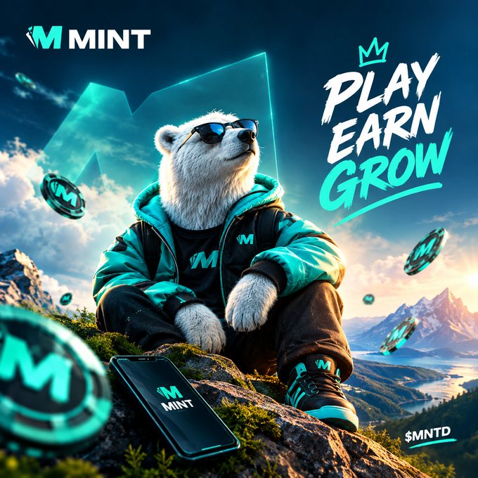 A promotional graphic for "MINT" featuring a white bear wearing sunglasses and a teal jacket sitting on a mountain, with the text 'PLAY EARN GROW' and the ticker '$MNTD' displayed.