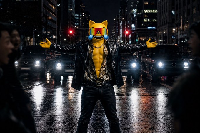 Cinematic nighttime city scene featuring a muscular figure wearing a yellow cat/dog mask with red visor, open black leather jacket, and gold chains, standing with arms outstretched in the middle of a wet street surrounded by cars with bright headlights.