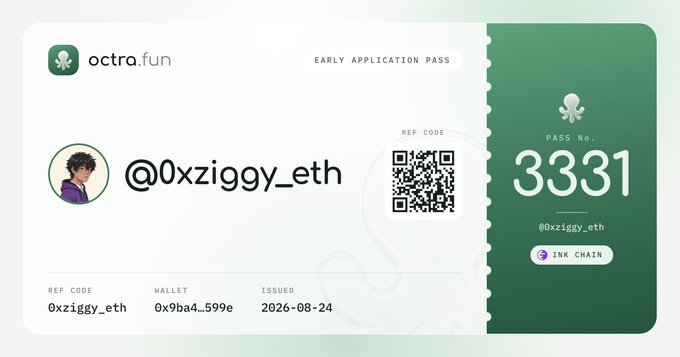 The image shows an "Early Application Pass" from octra.fun issued to user @0xziggy_eth, featuring Pass No. 3331 and a referral code linked to the Ink Chain wallet (0x9ba4_599e), matching the post's promotion of the Octra launch platform on Ink Chain.