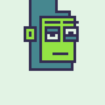 A pixel art NFT-style character with a green face, dark blue head/hat, and one visible eye, set against a white background.