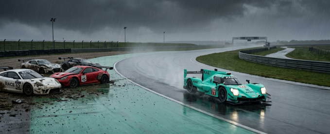 A dramatic motorsport scene showing a teal #77 race car driving past wrecked vehicles on a wet track during a rainstorm.