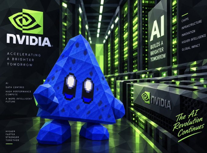 A blue NVIDIA-themed AI mascot stands in front of server racks with NVIDIA branding and the text "AI BUILDS A BRIGHTER TOMORROW" and "The AI Revolution Continues," visually echoing the post's mention of Jensen Huang's projected doubling of chip sales and the broader AI-driven market momentum behind stocks like $NVDA.