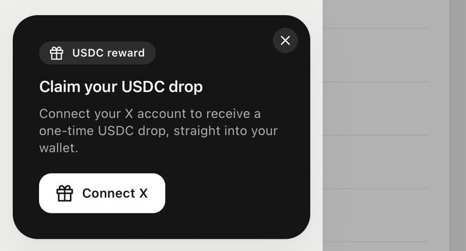 A dark popup window offering a 'USDC reward' with text reading 'Claim your USDC drop' and a 'Connect X' button.
