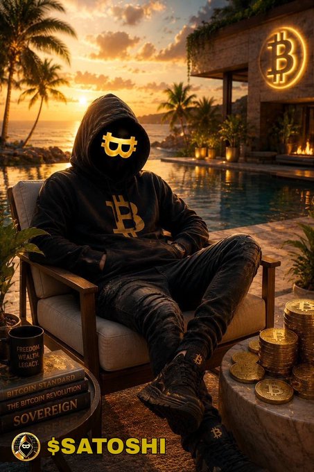 A promotional image featuring a hooded figure wearing Bitcoin-themed sunglasses and clothing, lounging by a pool with a Bitcoin logo on the wall and stacks of gold Bitcoin coins, with text including '$SATOSHI', 'FREEDOM WEALTH LEGACY', and 'BITCOIN STANDARD'.