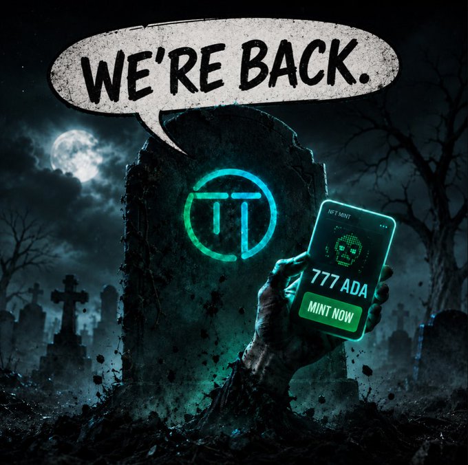 A spooky promotional graphic for 'NFT MINT' featuring a graveyard scene with a tombstone, a zombie hand emerging from dirt holding a phone displaying '777 ADA' with a 'MINT NOW' button, and a speech bubble reading 'WE'RE BACK.'