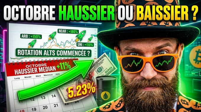 A French crypto-themed YouTube thumbnail asking 'OCTOBRE HAUSSIER OU BAISSIER?' with text showing 'ROTATION ALTS COMMENCÉE?' and various altcoin gains including ARB +150%, NEAR +180%, and UNI +110%, featuring a bearded man in sunglasses with a leprechaun hat.