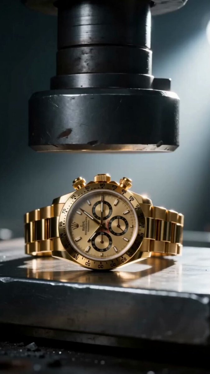 The image features a gold watch placed on top of a metal plate or workbench. The watch appears to be made by Rolex, as indicated by its design and material. The watch is positioned at an angle, with one hand pointing towards the bottom left corner of the frame while the other hand points upwards. The background of the image is dark, which contrasts with the gold color of the watch and makes it stand out more prominently.