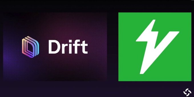 The image displays the logos of Drift and VelocityDEX side-by-side, visually representing the rebranding of Drift Protocol to VelocityDEX as announced in the post about their private beta launch with low-fee perpetuals and yield-earning multi-collateral margin features.