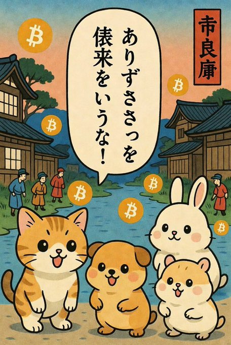 An anime-style illustration featuring a cat, dog, rabbit, and hamster standing together in a traditional Japanese village, with Bitcoin symbols floating around them. The Japanese text reads '市良庫' and 'ありずさ さっ を 俵来を いうな！' (Roughly: 'Don't say tanuki are in the straw bags!'), referencing tanuki and traditional folklore.