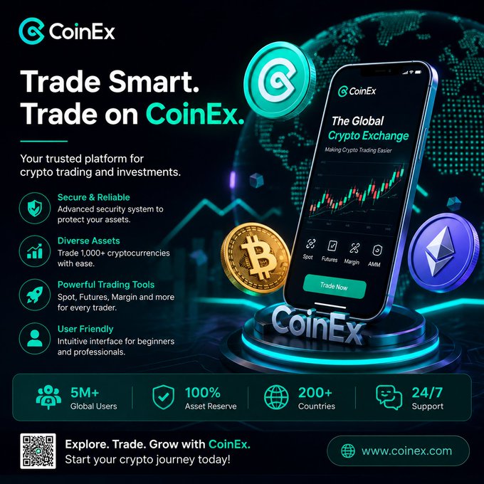 A promotional banner for CoinEx, a cryptocurrency exchange, advertising their platform with the tagline 'Trade Smart. Trade on CoinEx.' and highlighting features like secure trading, 1,000+ assets, and 5M+ global users.
